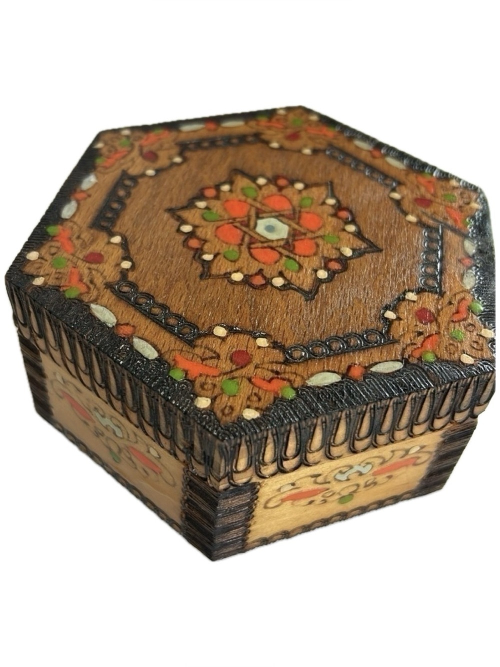 Antique Vintage Wooden Hexagon Hand Painted Box Holder Case Chest 1973